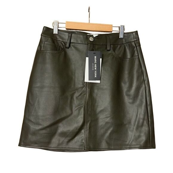 Marc New York High Rise Skirt Faux Leather 5 Pocket Dark Olive Green Sz 6 New - Picture 1 of 11